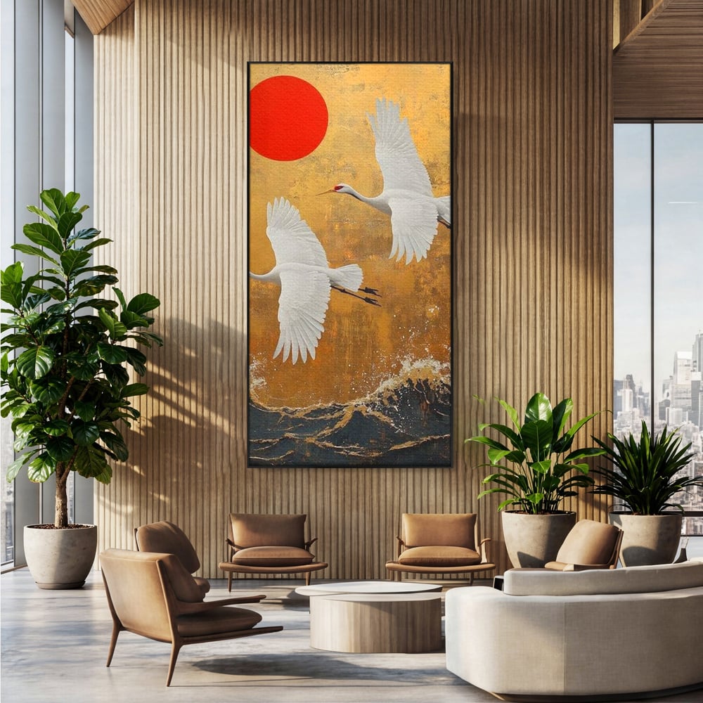 Tablou canvas cu tablou canvas cu doi cocori, in rama de aluminiu negru, pe perete intr-un birou